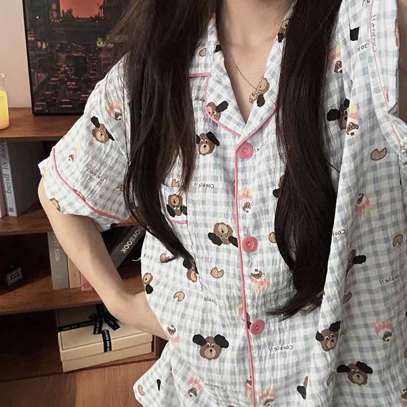 部屋着 パジャマ 快適 おしゃれ ワイドレッグ　パンツ　レディース スタイル クッキー 子犬 バブル コットン スリーピース パジャマ 女の子 夏 半袖 ズボン ホーム 服 スーツ