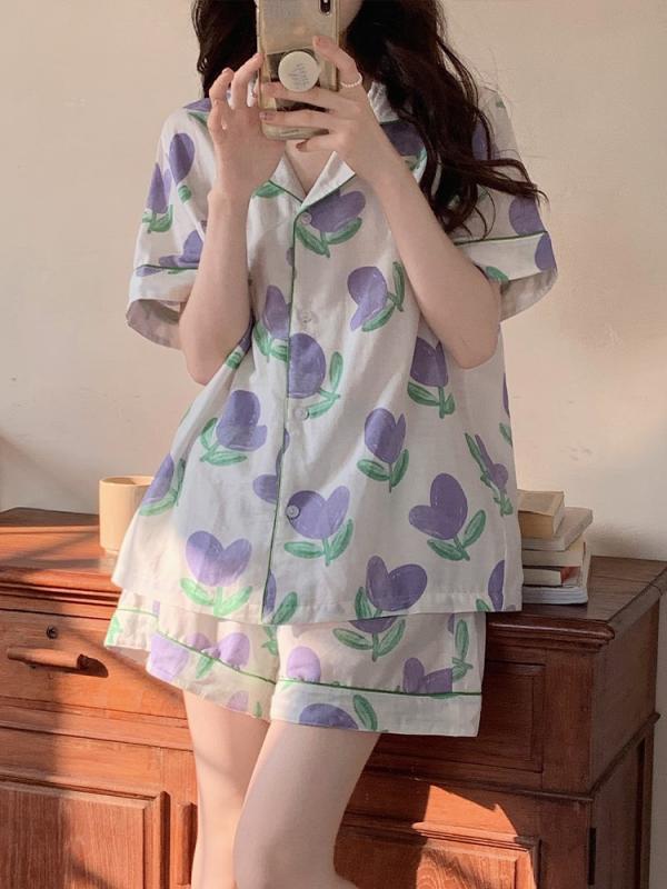 部屋着 パジャマ 快適 おしゃれ ワイドレッグ パンツ レディース  GP 紫 チューリップ パジャマ レディース 夏 冷感 半袖 ハイエンド フラワー ホーム ファッション 服 スーツ