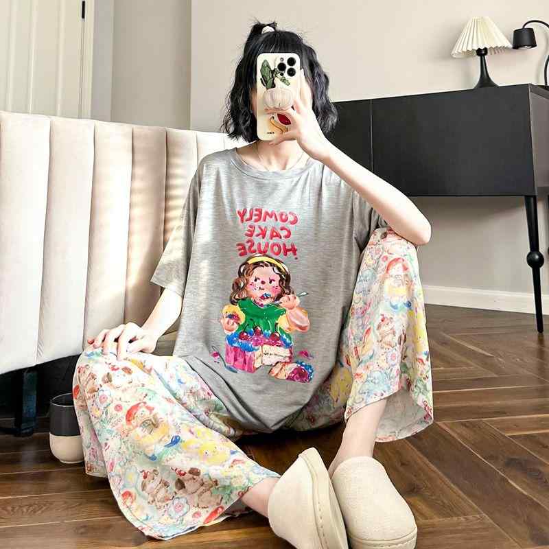 部屋着 パジャマ 快適 おしゃれ ワイドレッグ　パンツ　レディース 薄型 スタイル 油絵 モダール パジャマ レディース 夏の 半袖 ズボン 冷感 クールで かわいい 家庭 服