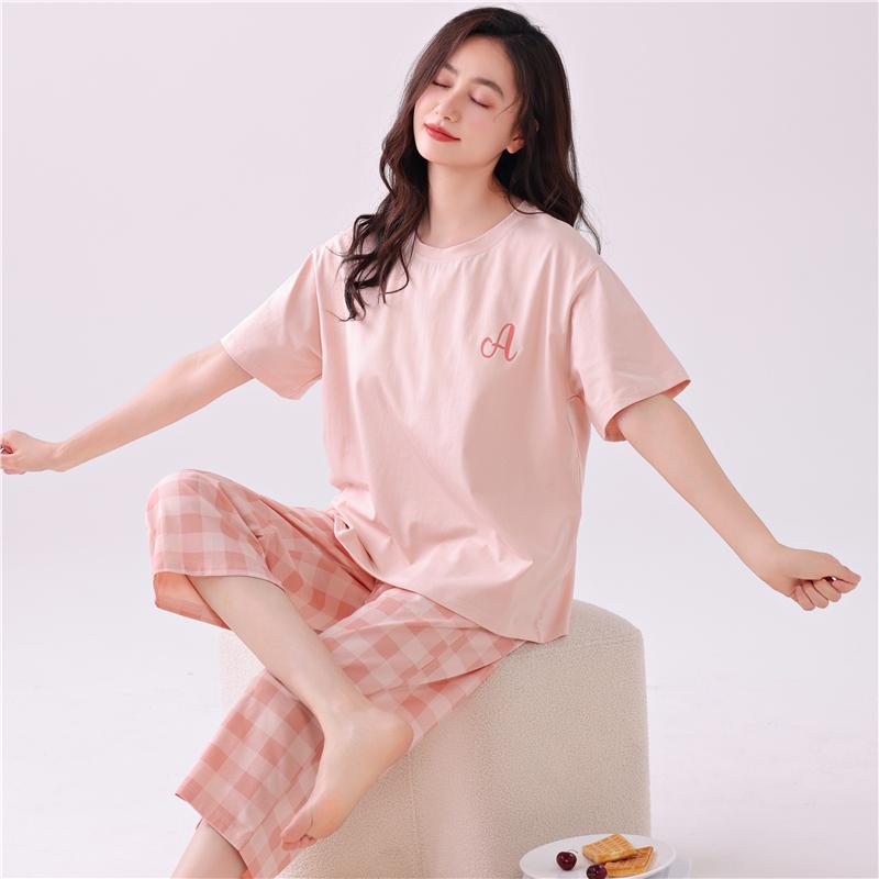 パジャマ　レディース　かわいい 【 涼 感】 夏用 レディース パッド入り パジャマ 綿 半袖 薄手 クロップドパンツ 夏 ホームウェア 大きめ サイズ