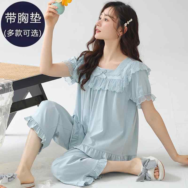 ルームウエア 女性用 カップ付き リラックスウエア パジャマ　レディース　かわいい 夏の 綿 パジャマ 胸 パッド 付き プリンセス スタイル 半袖 クロップドパンツ 高級 ゆったり ホームウェア スーツ