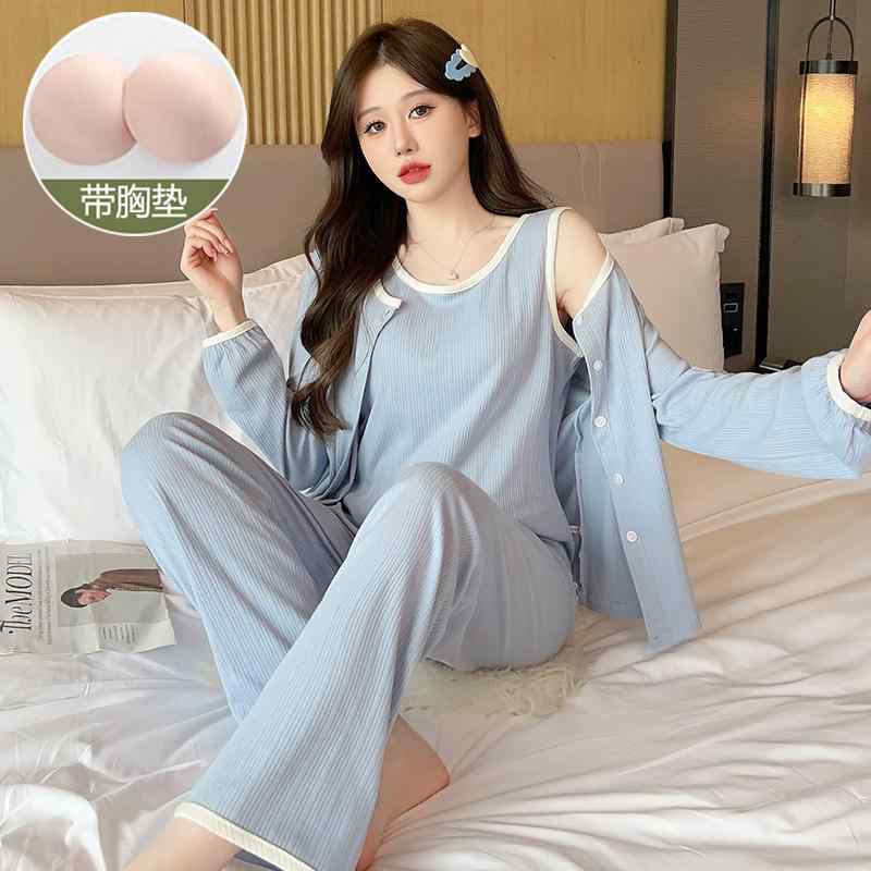 ルームウエア 女性用 カップ付き リラックスウエア パジャマ　レディース　かわいい 春秋 女性用 パッド入り パジャマ 長袖と ズボン 青い 魅惑的 ベスト ホームウェア 夏の 薄手 スリーピーススーツ