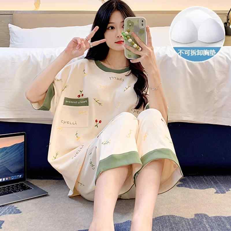 ルームウエア 女性用 カップ付き リラックスウエア パジャマ　レディース　かわいい 胸 パッド 付き レディース コットン パジャマ 2025夏 スウィート 半袖 クロップドパンツ スーツ 夏 ホームウェア｜バランスケア　店