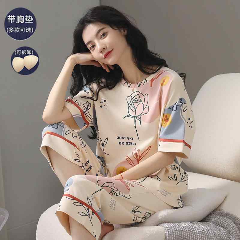パジャマ ブラトップ カップ付きインナートップス パジャマ　レディース　かわいい 夏の 女性用 パッド入り パジャマ 半袖 綿 ゆったり 大きめ サイズ ホームウェア クロップドパンツ 外出 着と しても 着用 可能 夏用の スーツ 5,280円