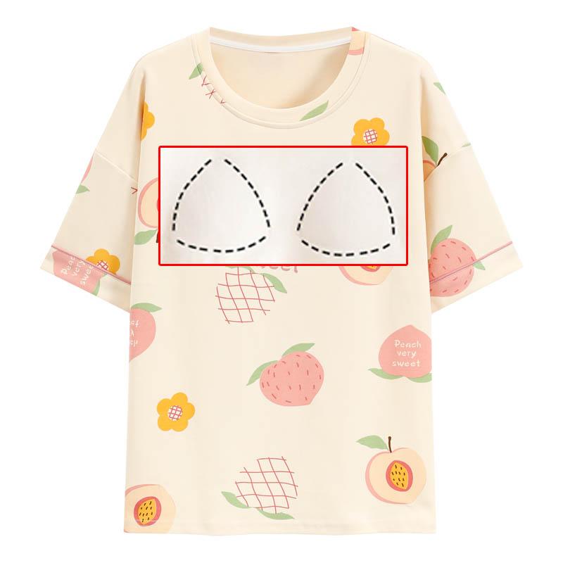 パジャマ ブラトップ カップ付きインナートップス パジャマ　レディース　かわいい 女性用 胸 パッド 裏地 付き パジャマ 綿 シングル 半袖 トップス ブラなし ホームウェア 夏用 バンプ 防止