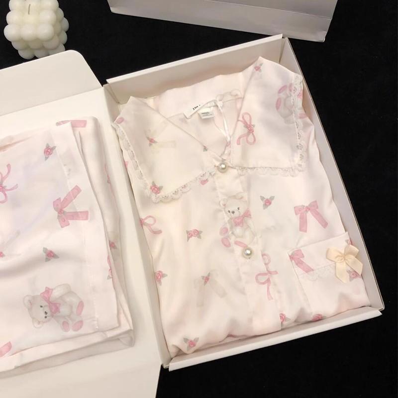 もこもこ ルームウェア 暖かい かわいい パジャマ　レディース　かわいい 桜 ピンクの クマ 柄 パジャマ レディース 2025 春秋 夏 冷感 長袖 女の子用 スイート シルク ホームウェア