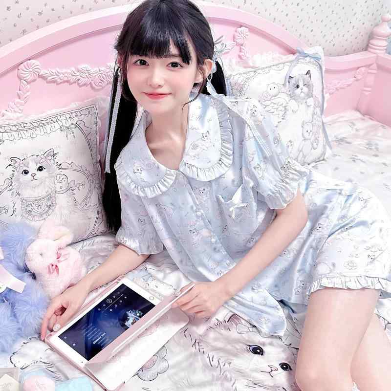 もこもこ お座敷御召しもの 生あたたかい 愛くるしい パジャマ レディース 愛くるしい MG パジャマ あやつり人形 猫 続きもの お嬢さん 冷感 フラウンス 春夏 半袖 養護ホーム 服