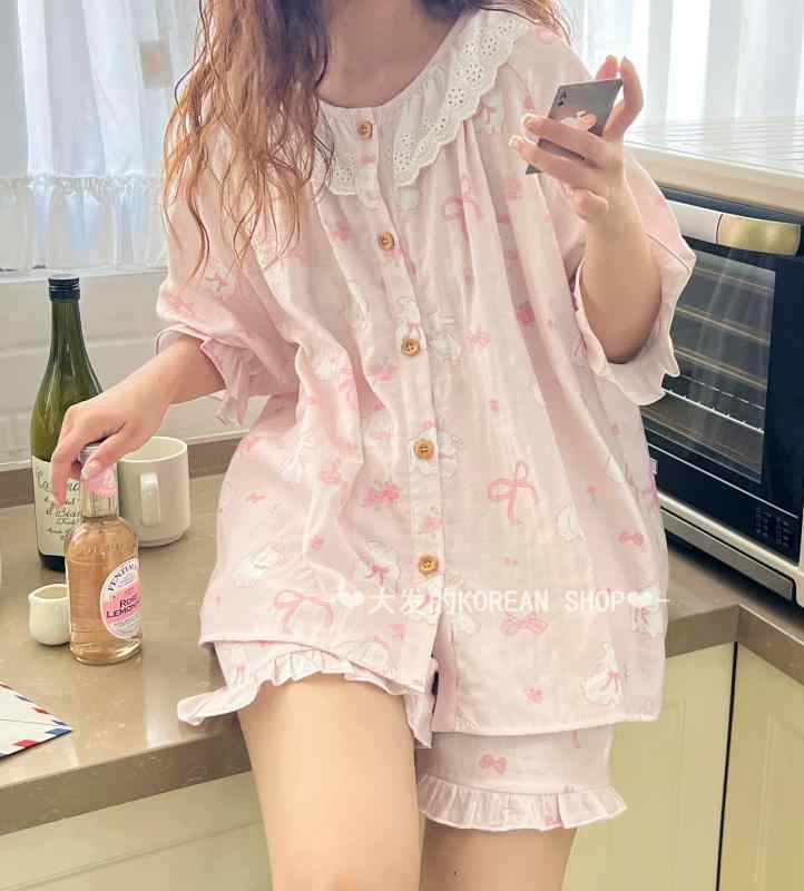 もこもこ ルームウェア 暖かい かわいい パジャマ　レディース　かわいい 夏の 韓国 A型 二 重 ガーゼ 花柄 パジャマ かわいい ウサギの 綿 レース 半袖 ホームウェア