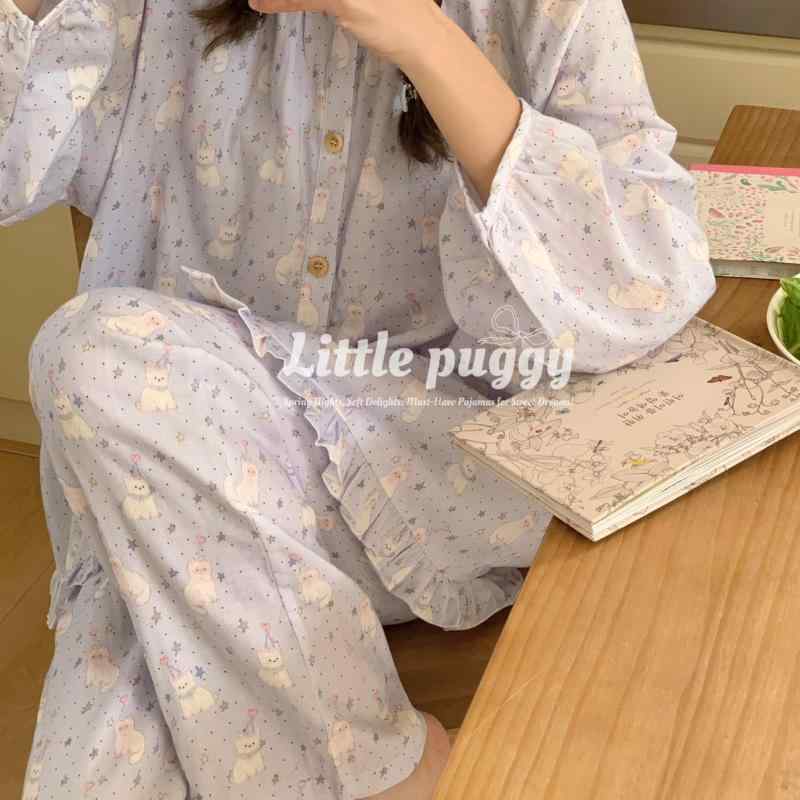 もこもこ ルームウェア 暖かい かわいい パジャマ　レディース　かわいい 複数の 色をご 用意 オール シーズン 対応の 韓国 綿 二 層 糸 優しい 星 猫 パジャマ レースの ホームウェア スーツ
