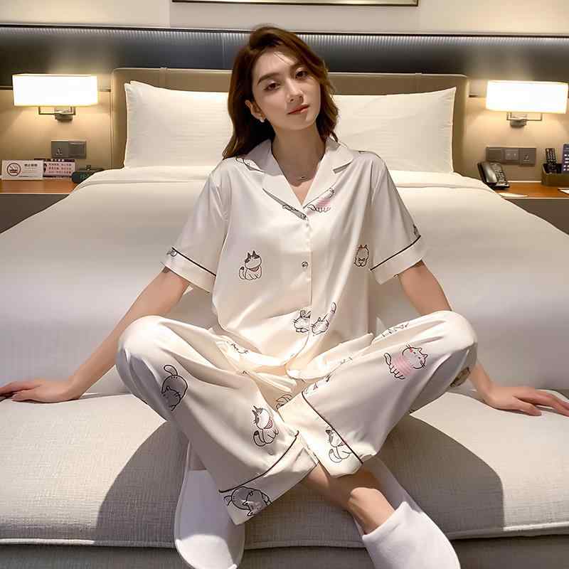 もこもこ ルームウェア 暖かい かわいい パジャマ　レディース　かわいい 女性用 胸 パッド 付き 冷感 パジャマ 白い ホームウェア 夏用 猫 柄 ズボン 半袖 スーツ 5,928円