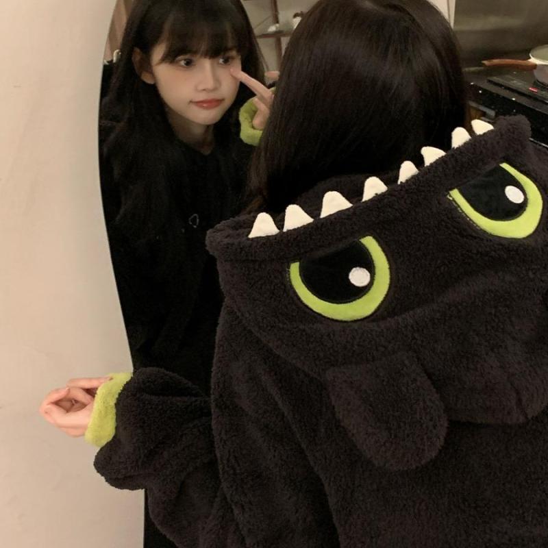 もこもこ ルームウェア 暖かい かわいい パジャマ　レディース　かわいい かわいい 歯の ない フード付き コーラル フリース パジャマ 女性用 冬用新 スタイル 暖かい 厚手 プラッシュ ホームウェア セット