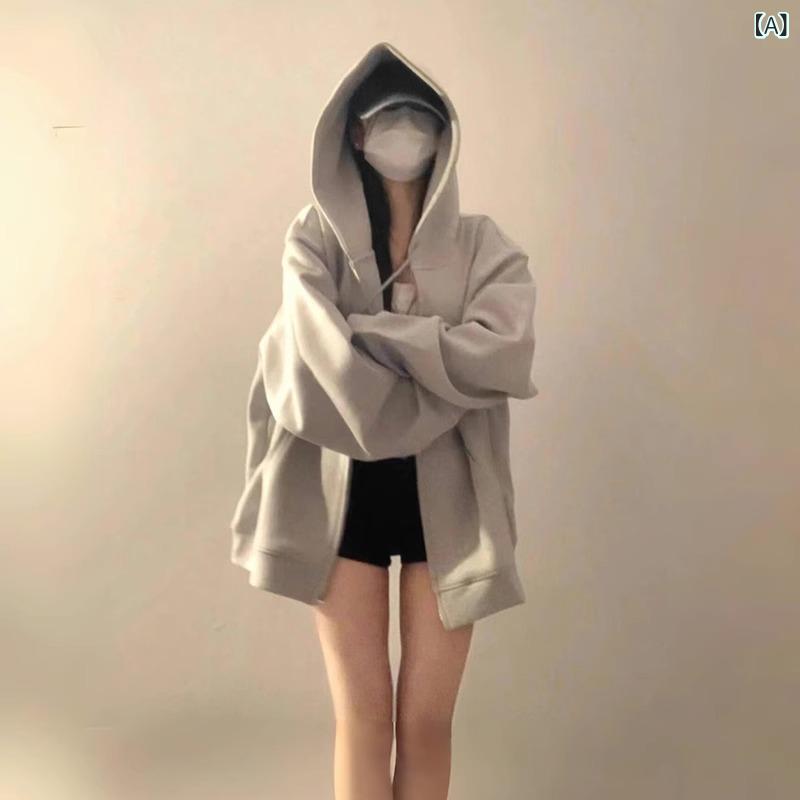 レディース パーカー ジップパーカー トップス 長袖 無地 アメリカ oversize フード付きの 女性 秋冬 ベルベットは ゆったりした な カーディガンの 上着の 色の コートを 厚くしています
