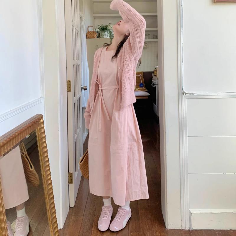 オシャレ かわいい 韓国 ノースリーブ ワンピース スカート ドレス ノースリーブ freshtaro ピーチ / ベージュ 調節可能 ウエスト ロープ スリム ラウンドネック ベスト ドレス レディース 春|バランスケア 店