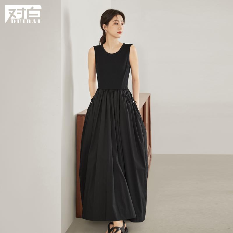 オシャレ かわいい 韓国 ノースリーブ ワンピース スカート　ドレス　ノースリーブ ダイアログ フレンチ スプライシング ベスト ドレス 女性 2025 夏 スタイル リトル ブラック ハイエンド スリム ノースリーブロング スカート｜バランスケア　店