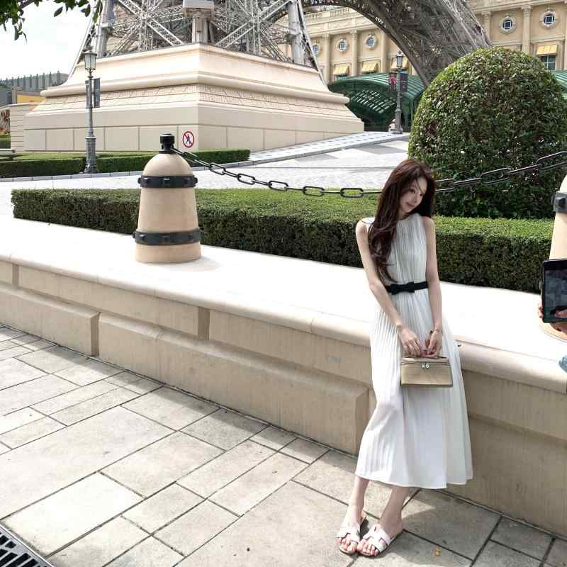 オシャレ かわいい 韓国 ノースリーブ ワンピース スカート　ドレス　ノースリーブ OKMA SHOP ホワイト ノースリーブ シフォン ワンピース レディース 夏 ハイエンド ウエスト フェアリー ロング スカート 7,144円