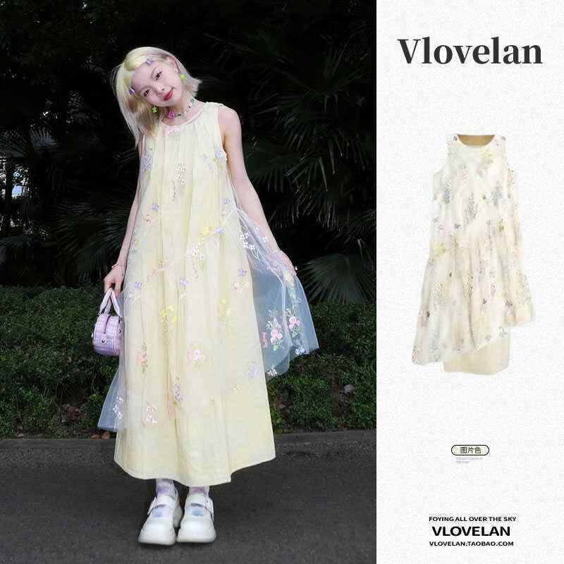 オシャレ かわいい 韓国 ノースリーブ ワンピース ワンピース　ドレス　おしゃれ 夏の な 不規則な レイ ヤード メッシュ ブラウス フェアリー 刺繍 花柄 ベスト ドレス 女性