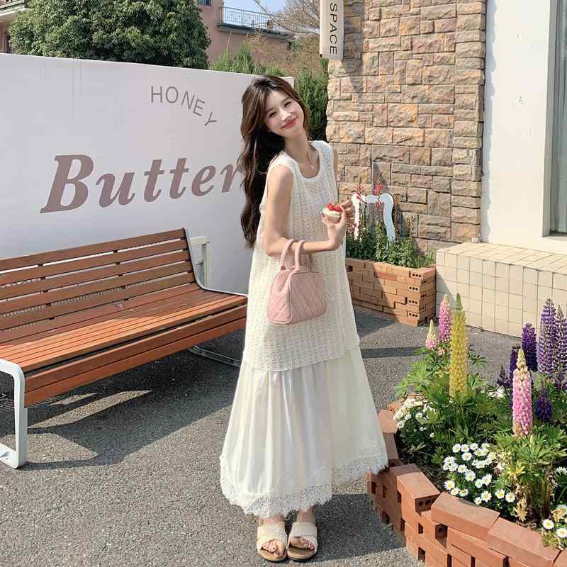 オシャレ かわいい 韓国 ノースリーブ ワンピース Vネック　トップス　レディース ホワイト レースの スプライシング ノースリーブベスト ドレス 女性 2025夏の フレンチ 美しい ホリデー ロング スカート｜バランスケア　店