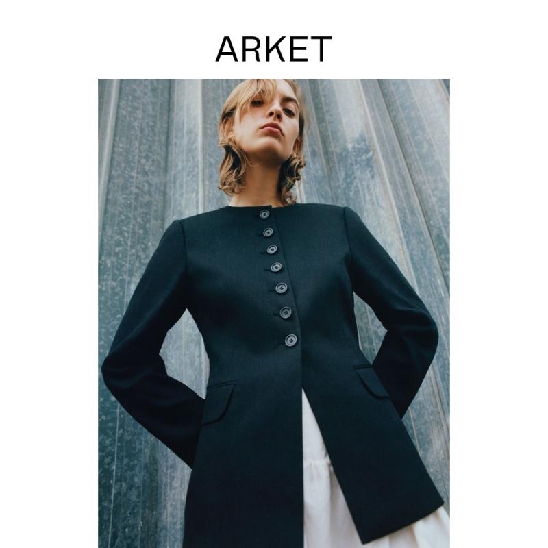 洗える ウォッシャブル オールシーズン ビジネス　スーツ　ジャケット ARKET レディース コットン＆ リネン 混紡 スリム ラウンドネック スーツ ジャケット ブラック 2025夏 1268336001