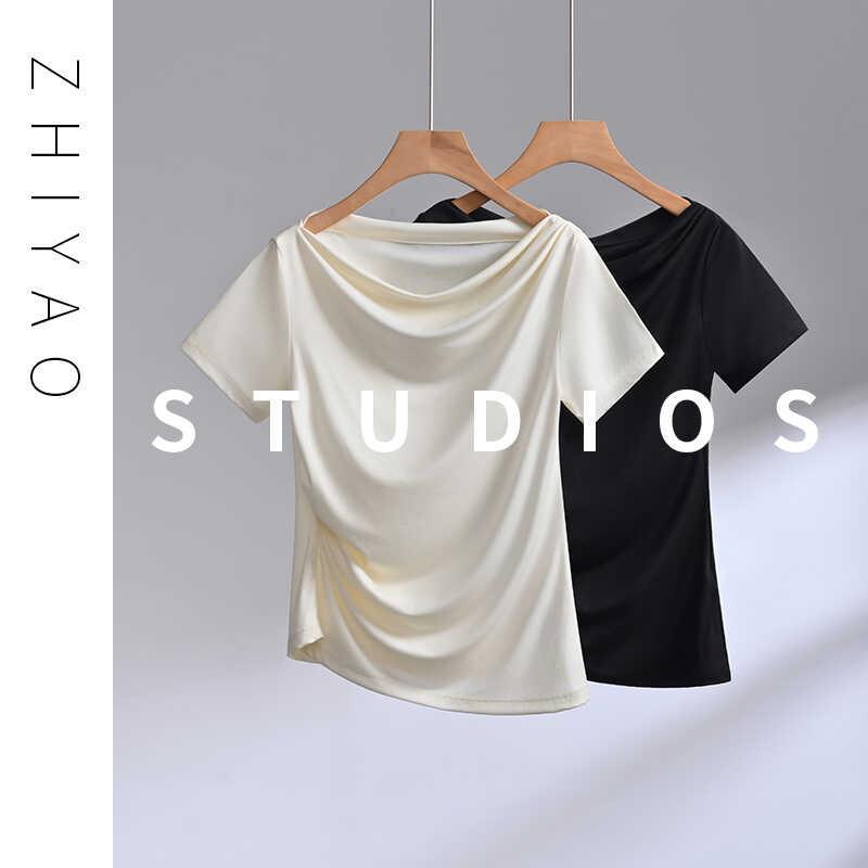 かわいい おしゃれ ふんわり 着やせ レディース　スカート　カジュアル 夏用 リヨセル 半袖 Tシャツ プリーツ ウエスト スリミング スモール シャツ シック ワンショルダートップ 薄手｜バランスケア　店