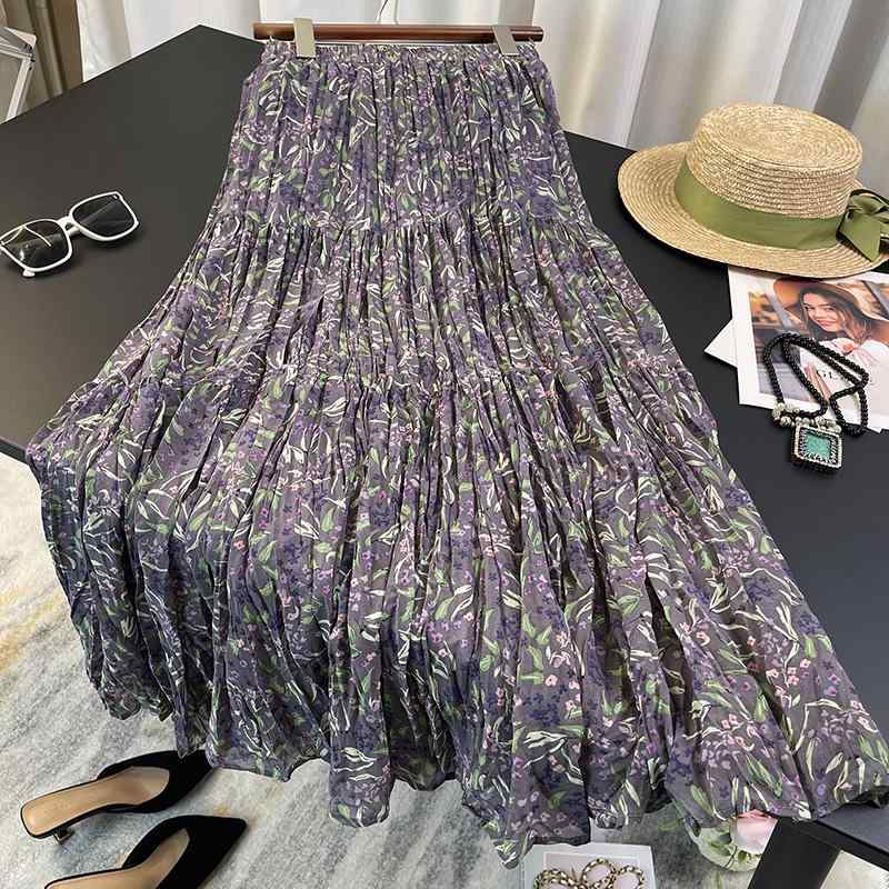 フレアスカート 花柄スカート aラインスカート ふんわり 花柄　スカート　レディース エーゲ海 紫色の 花柄 スカート 女性 2025 春夏 aライン シフォンプリント大 スイング｜バランスケア　店
