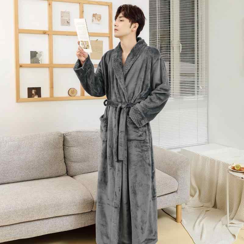 おしゃれ 肌に優しい 快適 メンズ　パジャマ　上下 秋冬 男性用 パジャマ フランネル 厚く 長い コーラル ベルベット ナイトガウン 冬 裏起毛 バスローブ メンズ