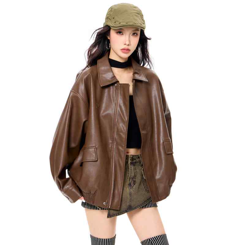 韓国 女性ジャケット おしゃれ きれいめ シンブル 体型カバー レディース コート ジャケット Planet マイ ラード ブラウン モーターサイクルレザージャケット 女性用 2025 春秋 アメリカン レトロ PU スモール ジャケット