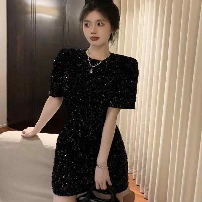 窈窕たる 肩出し 見目麗しい影ぼうし 晴れ晴れしいお召しもの お召しもの 寄り合い レディース ALYXLYX 秋に 亭主もち用 黒いこと スパンコール キラキラ お召しもの ハイエンド 小母さん 風の 寄り合い用の 弱められた 遊撃手 スコート ドレス-レディースファッション
