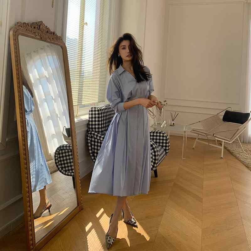 きれいめ 上品 シンプル 大人カワイイ レディース　ドレス　ワンピース ロング シアー ウエスト 長袖 シャツ ワンピース 女性 フレンチ ハイエンド ミディアム 丈 スカート 3028