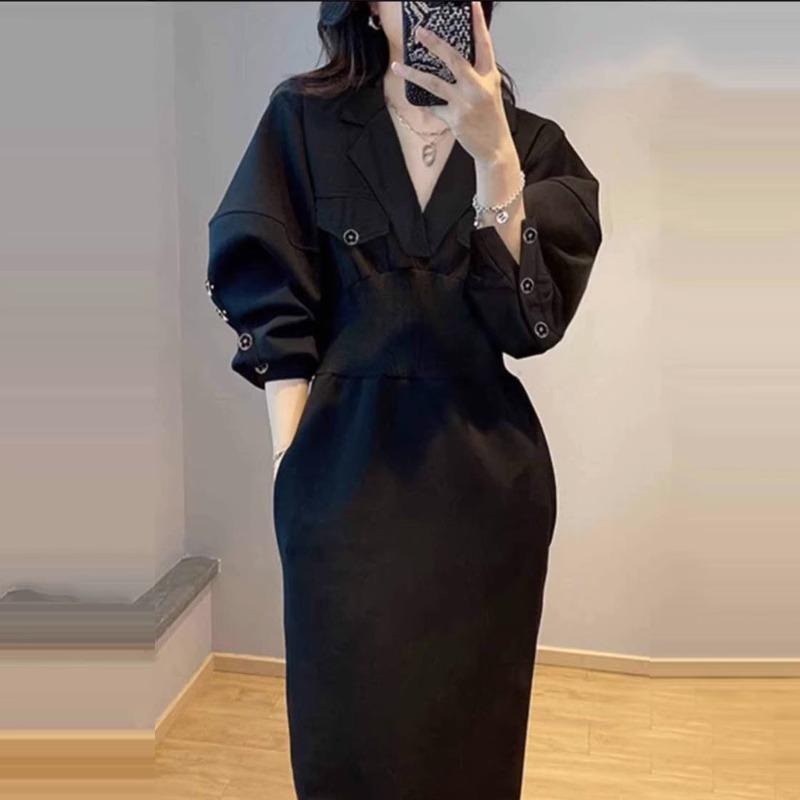 きれいめ 上品 シンプル 大人カワイイ レディース　ドレス　ワンピース 駅 春 婦人 2025 新型 婦人服 高級 フランス 風 黒 長袖 ワンピース