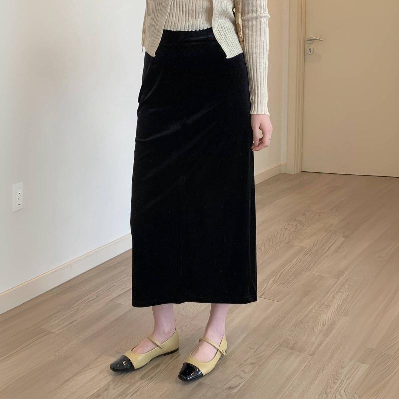 きれいめ 上品 シンプル 大人カワイイ レディース　ドレス　ワンピース 高級 ゴールド ベルベット ハイウエスト ストレート スカート 女性用 秋冬 裏起毛 厚手 ミディアム ロングスリット ヒップ ラップ ペンシル｜バランスケア　店