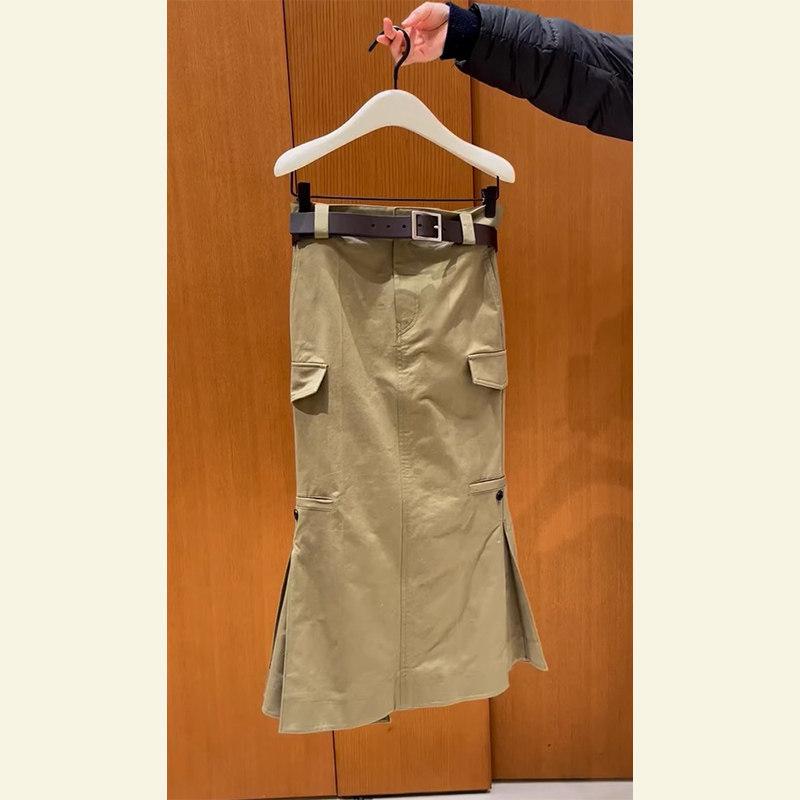 レディース きれいめ ロングスカート 脚長 レディース　スカート　ハイウエスト 小さい ハイエンド 精巧 スリムの フィッシュ テール スカートで 美しい カーキ スリットスカート 春
