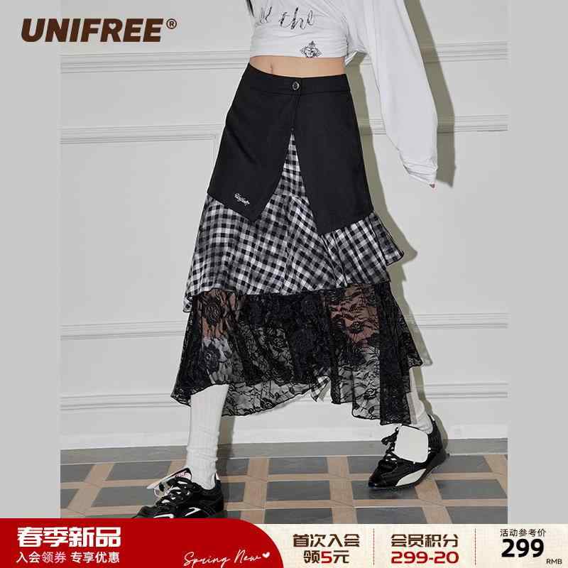 レディース きれいめ ロングスカート 脚長 レディース スカート ハイウエスト 【 春 25】 UNIFREE ダーティ 染め チェック 柄 スカート レース つなぎ 不規則 レトロ スリム ロング|バランスケア 店