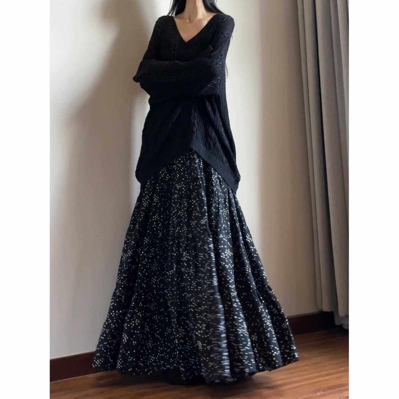 レディース きれいめ ロングスカート 脚長 レディース　スカート　ハイウエスト 読書 服 アート ハイウエスト スリム 水玉 レトロ スカート aライン 洋 ナシ シェイプ アンブレラ 秋冬 ロング