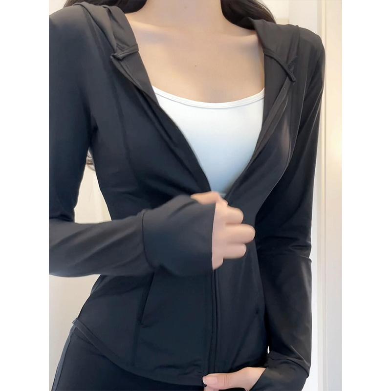 シースルー かわいい きれいめ 涼しい パーカー　薄手　カジュアル 黒の スリム 日焼け防止 服 女性 2025 夏の レディース 冷感 ヨガ トップ ショート ジャケット