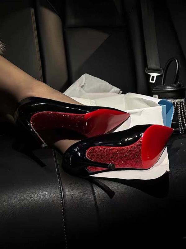 美脚 厚底 歩きやすい レディース　ヒール　シューズ 女性用 レッド ボトム ラインストーン ハイヒール 2025 春夏 パテントレザー スティレット 尖った 魅惑的 ブラック 浅口 シングル シューズ画像