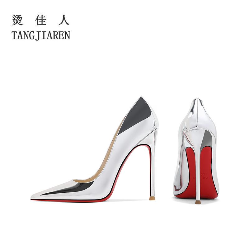 美脚 厚底 歩き分かりやすい レディース 踵 シューズ スティレット 踵の しろがね色 ハイヒールの お上さん用 2024 春夏 浅口 尖った つま先 シングル シューズ 専売特許なめし革 気が大きい大きさ 赤 底 寄りあい