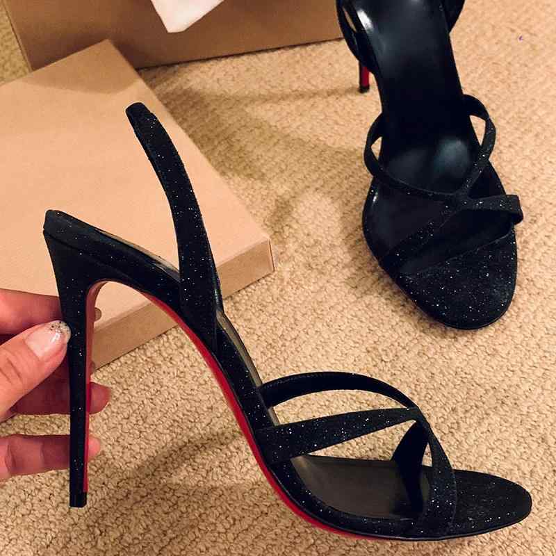美脚 厚底 歩きやすい レディース　ヒール　シューズ と アメリカ 黒の スパンコールの 赤い 底の 靴 ハイヒールの 女性 魅惑的 デート オープントゥ スティレット 細い ストラップ サンダル 夏