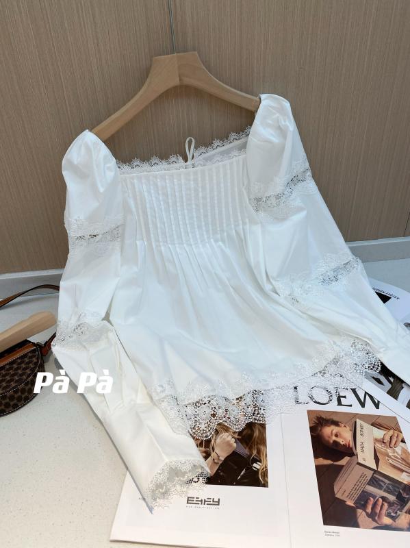 快適 フェミニン かわいい おしゃれ レディース　シャツ　レース　シルク Dubini Garden フレンチスタイル ヘビー スパンコール レース カーブ カラー プリーツ ワイド スリーブ 日焼け防止 シャツ トップス レディース