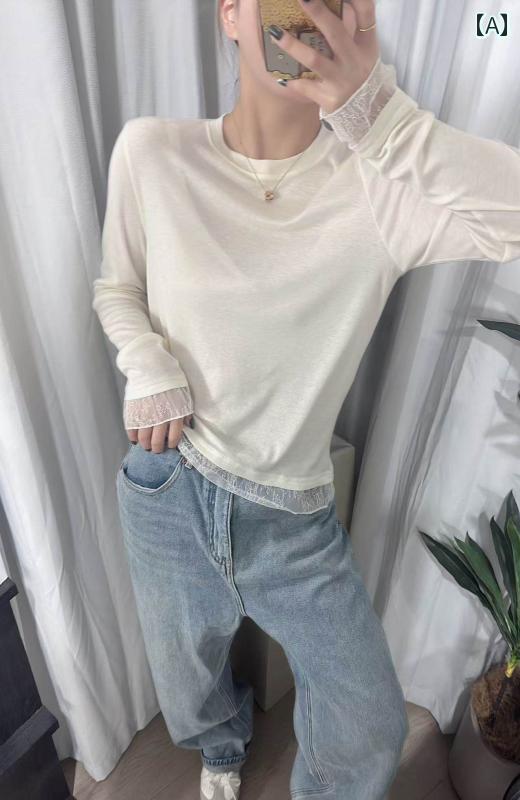 レディース トップス かわいい 派手な 高級 2025 早春 30 ウール 70 ラウンドネック 裾 レース ステッチ ゆったり 長袖 Tシャツ|バランスケア 店