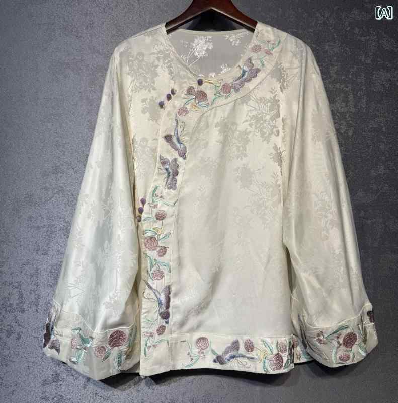 レディース トップス Tシャツ Gegefu 新型 チャイナ風 重 刺繍 シルクシャツ レディース 春秋 レトロ ボタン 付き 桑 シルク トップス