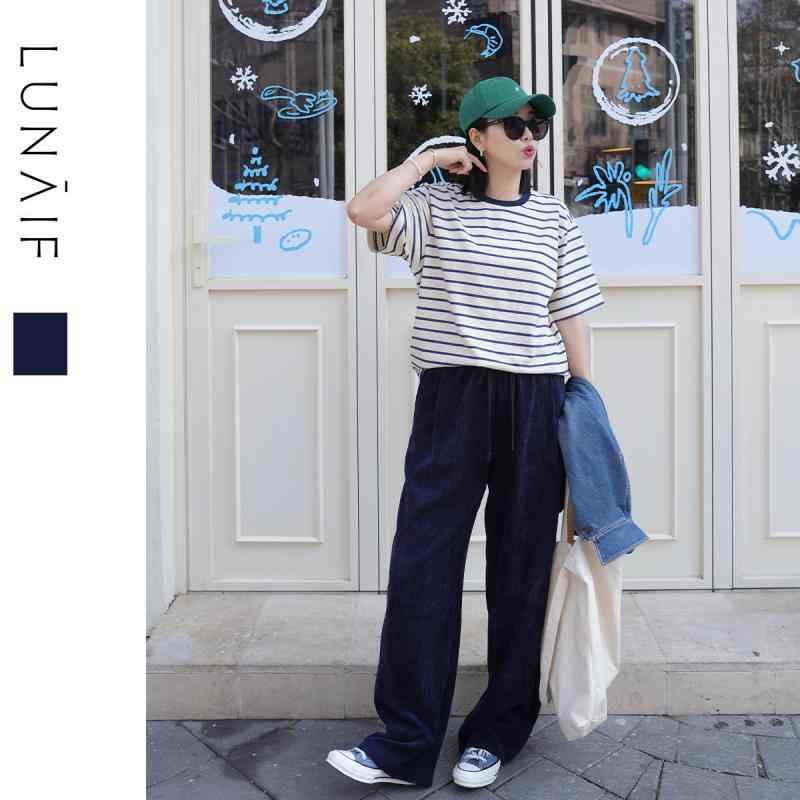 ゆったり きれいめ 体型カバー レディース　カジュアル　パンツ LUNAIF / Rusa ゆったり スリムフィット ソフト しわに なりにくくお 手入れが 簡単な ウエスト ゴムの コーデュロイ ワイド レッグ パンツ