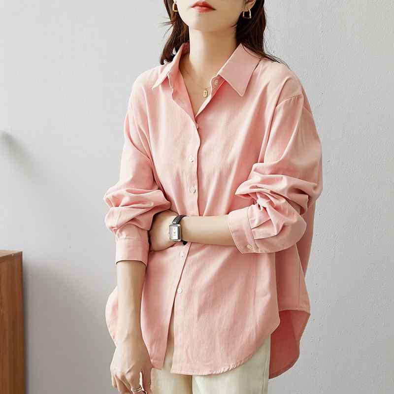 薄手 カジュアル トップス きれいめ かわいい Yシャツ　無地　シンプル 綿 シャツ ジャケット 女性 春秋 2025 レディースシャツ ピンク 長袖 トップス 高知 着用 通勤 スタイル｜バランスケア　店