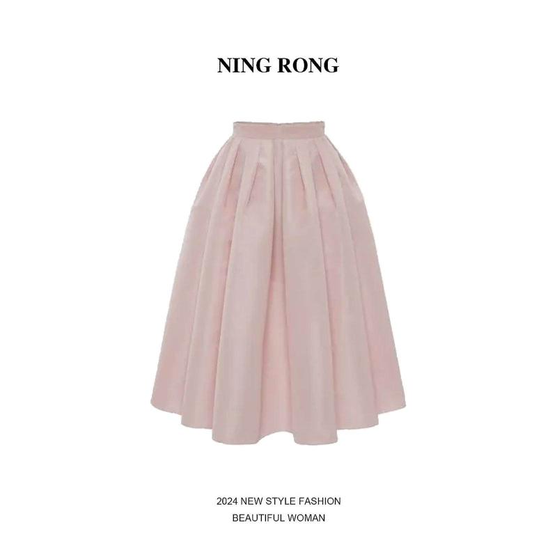 レディース きれいめ ロングスカート 脚長 レディース　スカート　ハイウエスト NINGRONG フレンチ レトロ ライト ピンク スカート 春の 風 ハイウエスト スリム プリーツ 傘