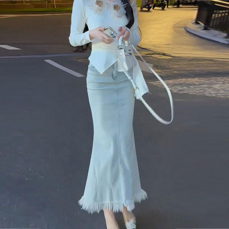 レディース きれいめ ロングスカート 脚長 レディース　スカート　ハイウエスト ライト ブルー タッセル ヒップ フィッシュ テール スカート 2025 春夏 韓国 ドレープ ハイウエスト