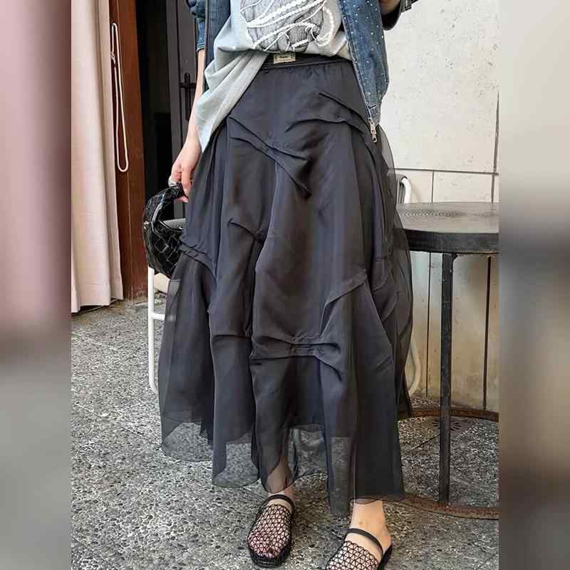 Aライン フレア レディース きれいめ 上品 レディース　スカート　ハイウエスト 2025 春 スプライシング メッシュな ブラック スカート 女性 ゆったり 高級 aライン