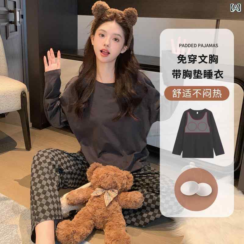 かわいい パジャマ ルームウェア 女性用 胸 パッド 付き パジャマ 春秋 綿 大きいサイズ ゆったり 長袖 チェック 柄の ホームウェア スーツ 秋冬 屋外で 着用 可能