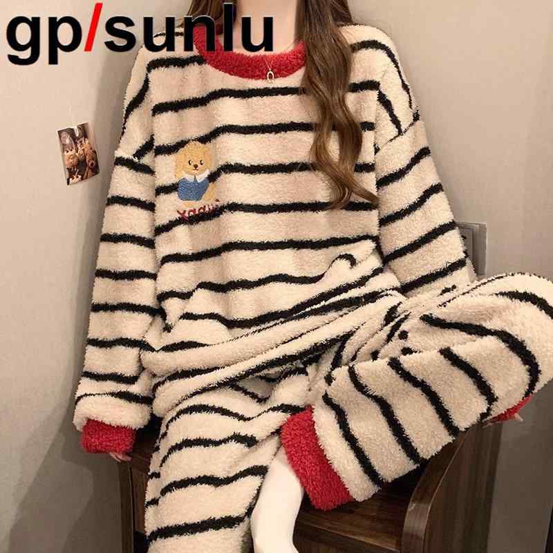 おしゃれ 伸びる 伸縮性 楽のび パジャマ　セット　スウェット GP サンゴ フリース パジャマ レディース 秋冬 ストライプ ベア 厚手 ハーフ ベルベット 冬 ホーム 服 スーツ