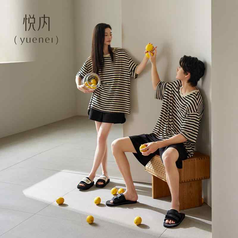 今めかしい 伸びる 伸縮性 楽のび パジャマ 仕掛ける 汗水 Yuenei 好一対 パジャマ レディース 夏 半袖 遊撃手 ズボン下 綿 家 着 心地よい 流行り物 縞模様 メンズ 背広