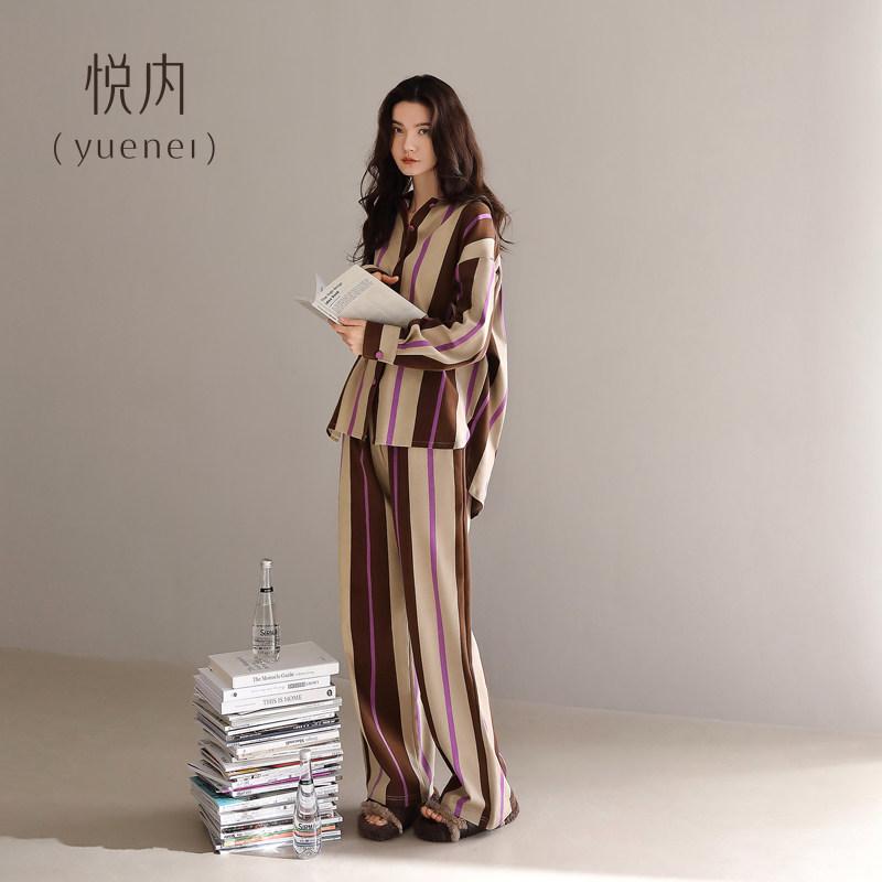 おしゃれ 伸びる 伸縮性 楽のび パジャマ　セット　スウェット Yue Nei パジャマ レディース 春秋 長袖 綿 大きいサイズ 家 着 ストライプ 高級 カジュアル 着用 可能
