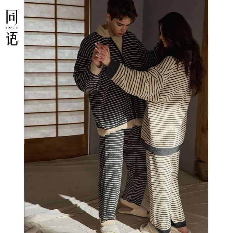 おしゃれ 伸びる 伸縮性 楽のび パジャマ　セット　スウェット Tongyu 24 カップル パジャマ 秋冬 半 裏起毛 厚手 メンズと レディース 長袖 スーツ ストライプ ホームウェア